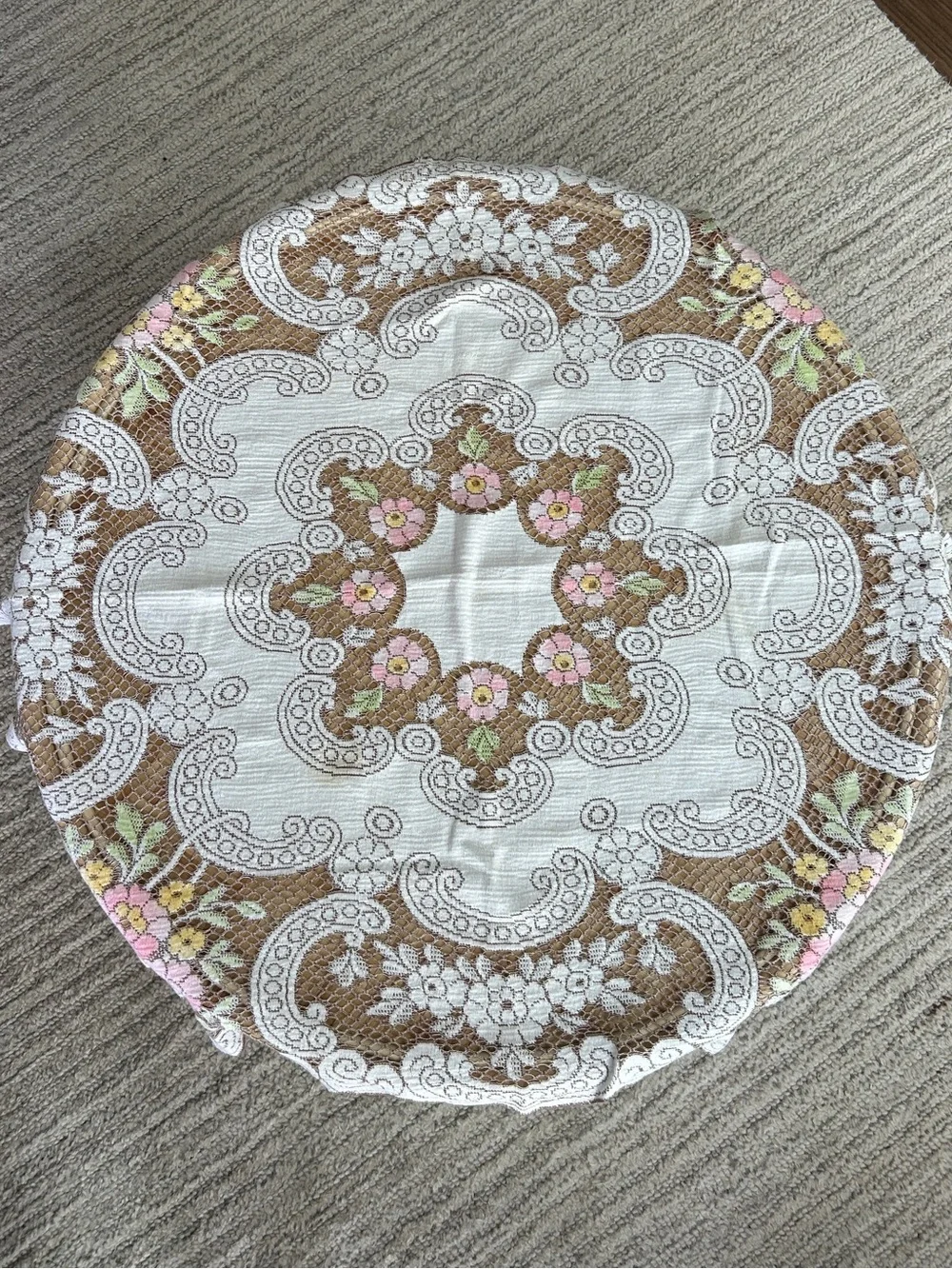 Beautiful French Vtg Lace Embroider Crochet Square Doily Floral Doily Tablecloth